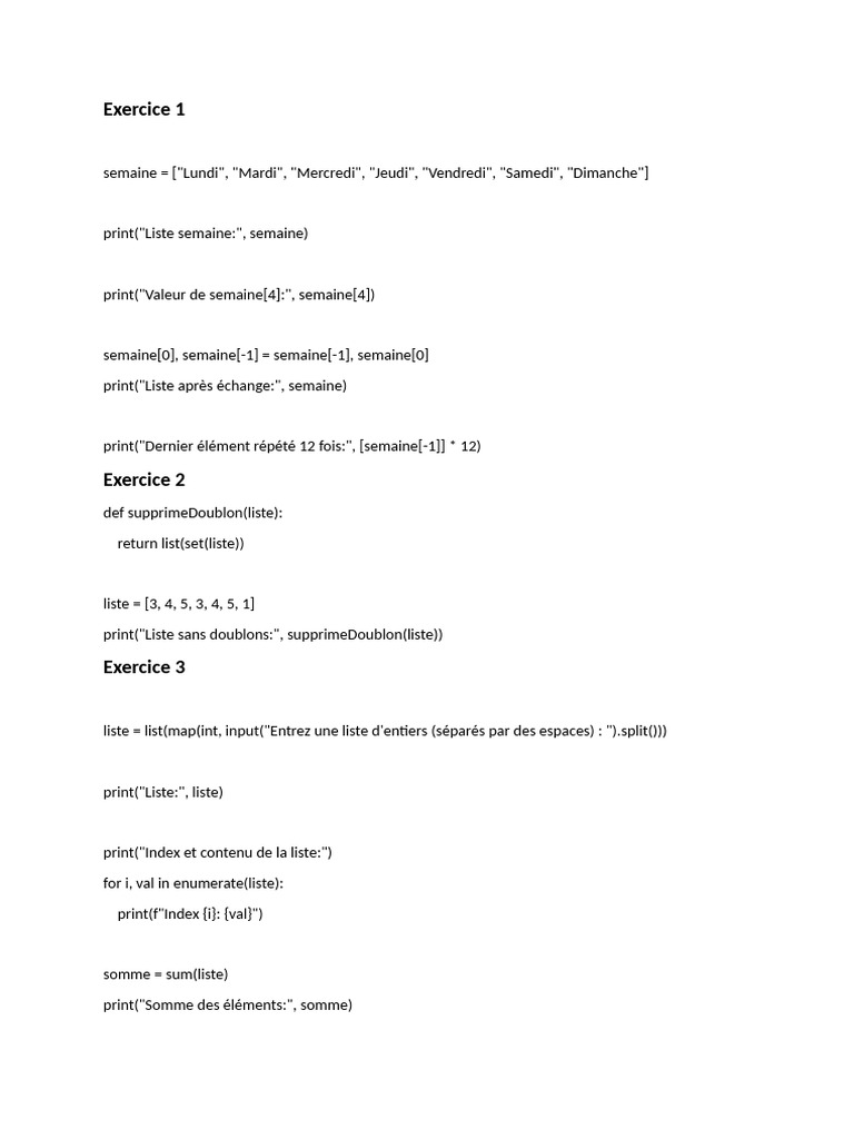 Exercices Python : Listes et Fonctions | PDF | Informatique ...