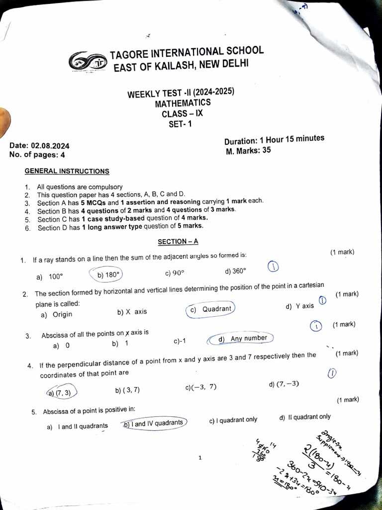Class IX Mathematics Weekly Test 2024 | PDF | Cartesian Coordinate ...
