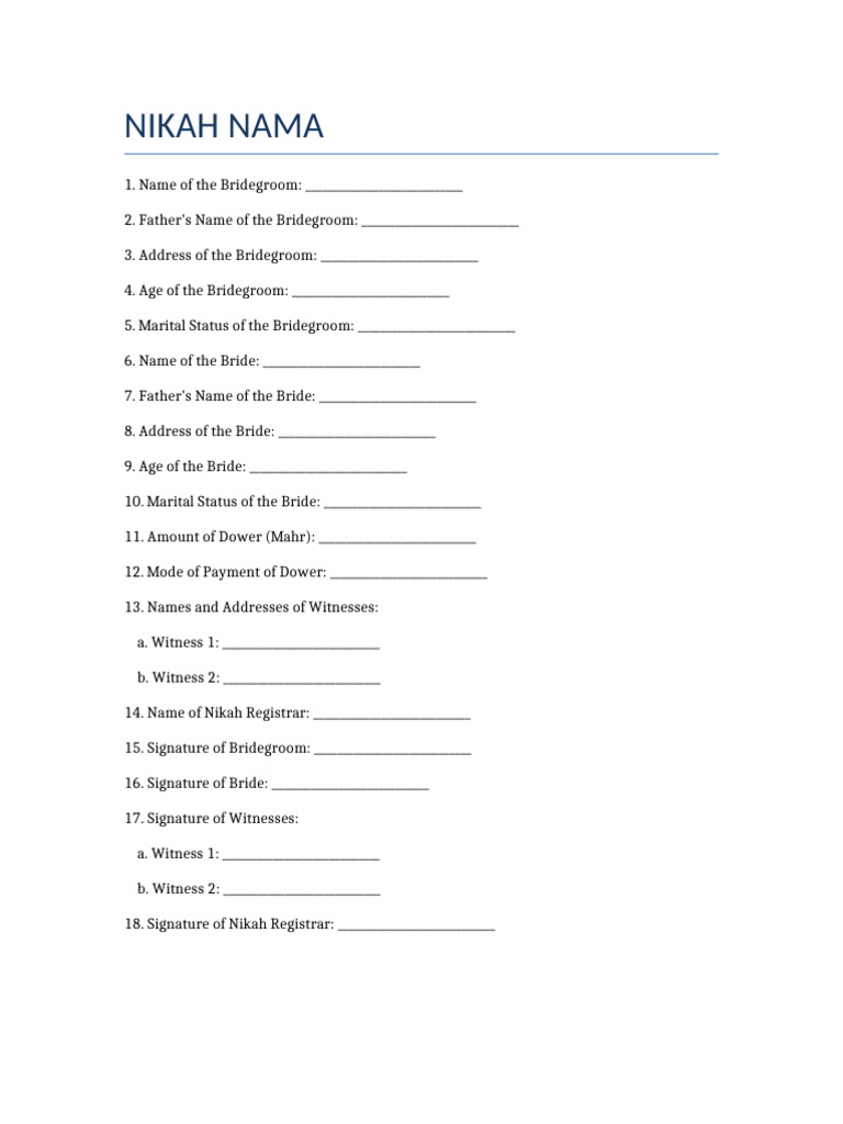 Nikah Nama Form Template | PDF
