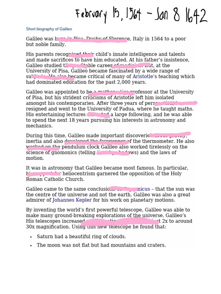 Short Biography Of Galileo Pdf Isaac Newton Galileo Galilei