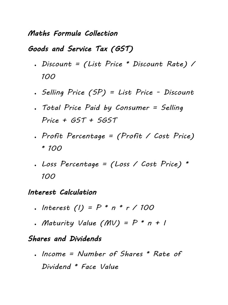 Essential Maths Formulas Guide | PDF | Dividend | Interest