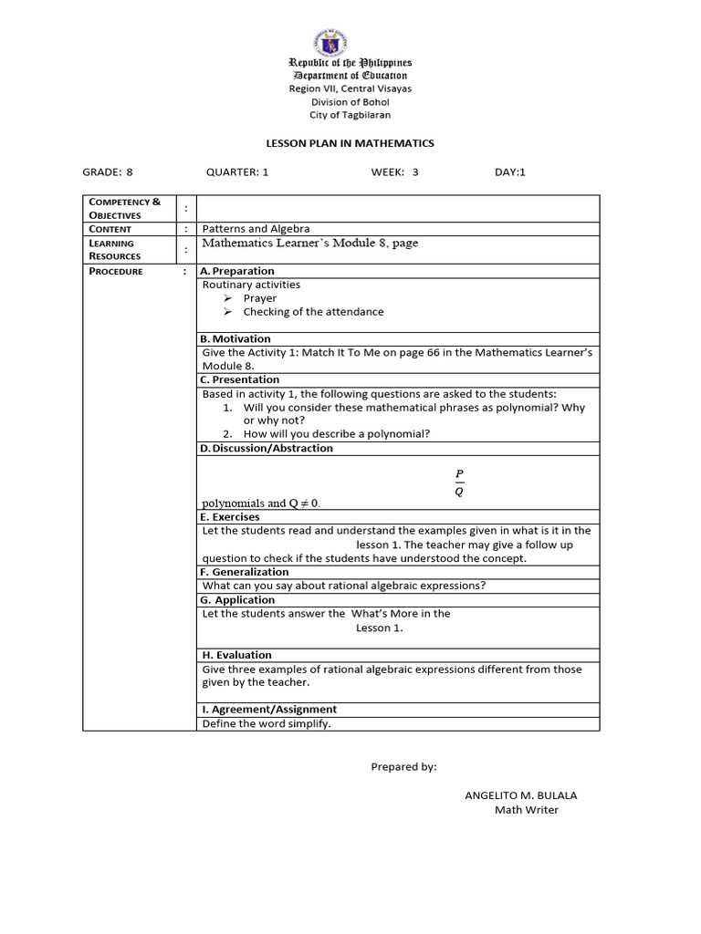 Grade 8 Math Lesson Plan: Algebra Expressions | PDF | Rational Number ...