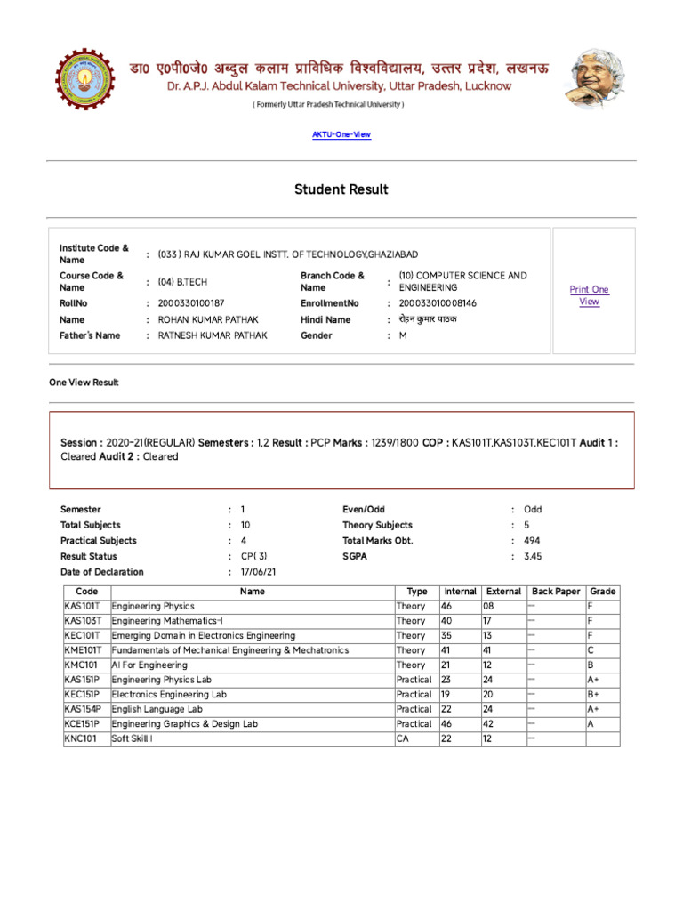 AKTU B.Tech Student Result Summary | PDF | Engineering | Computer ...