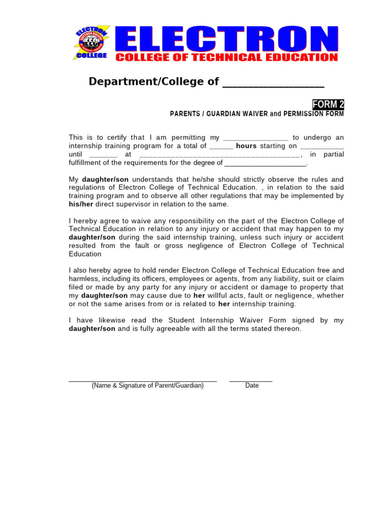 Form 2 Parents Guardian Waiver and Permission Form | PDF