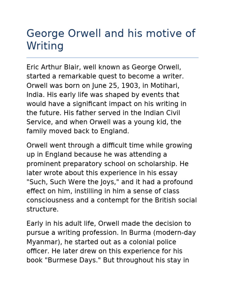 George Orwell and His Motive of Writing | PDF | George Orwell