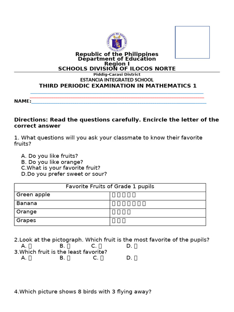 Grade 1 Math Periodic Exam Questions | PDF | Banana | Grape