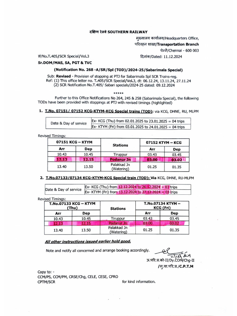 Revised Date & Stoppage For SCR SPL | PDF