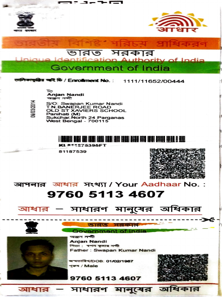 Aadhaar Identity Document for Anjan Nandi | PDF
