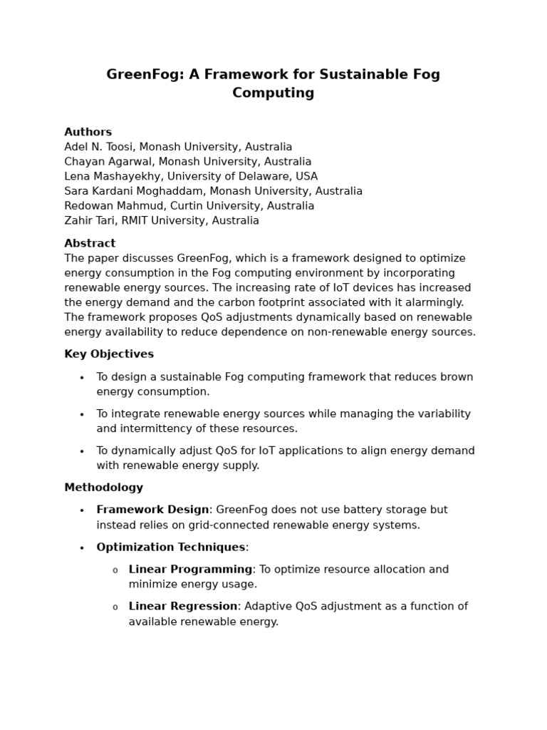 GreenFog A Framework For Sustainable Fog Computing | PDF | Renewable ...