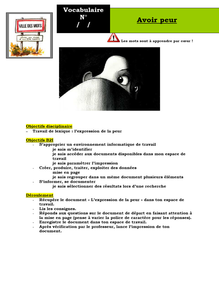 Vocabulaire de la peur à maîtriser | PDF | Peur | Émotions