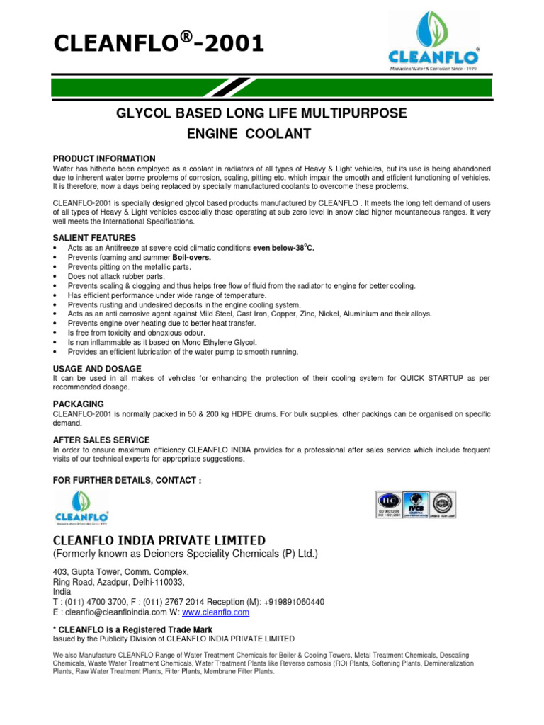 CLEANFLO - 2001 (Glycol Based Engine Coolant) - Compressed | PDF ...