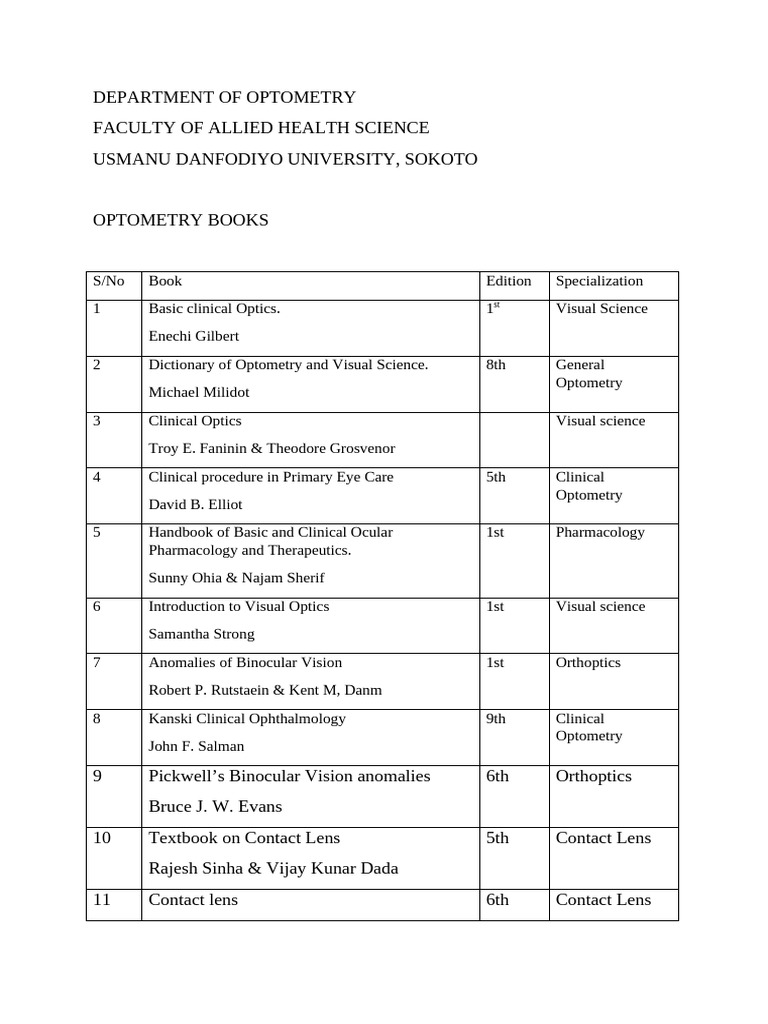 Optometry Books List - Usmanu Danfodiyo University | PDF | Optometry ...