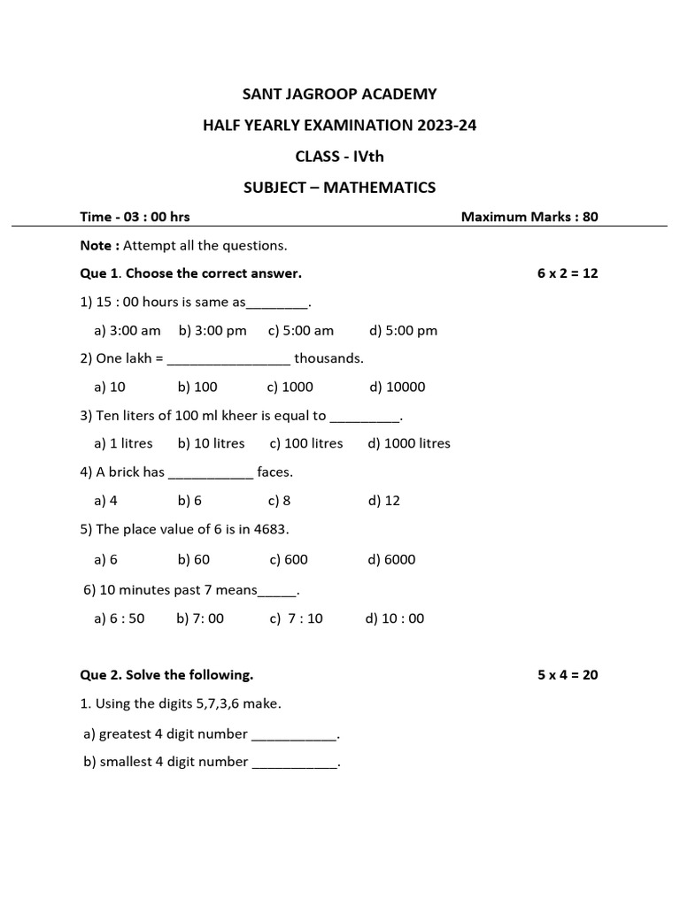 Class 4 Half Yearly Math Exam 2023-24 | PDF | Litre | Mathematics