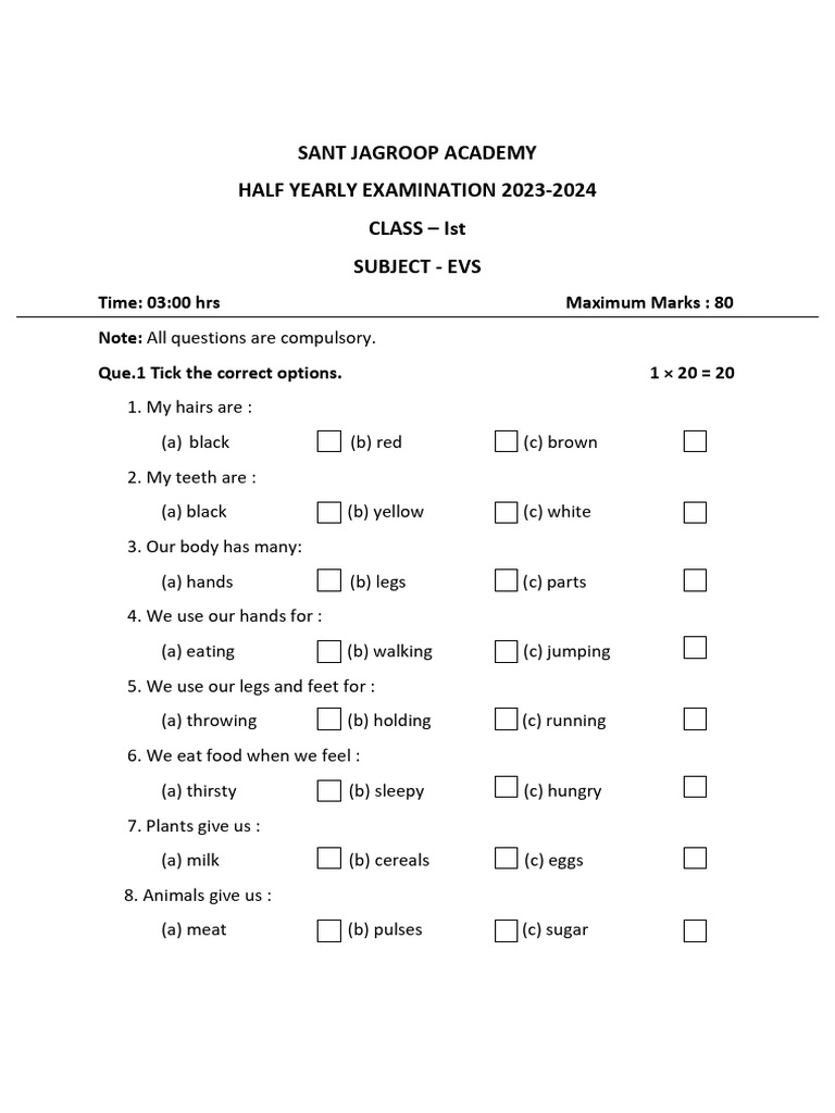 Half Yearly Class I Evs Pdf