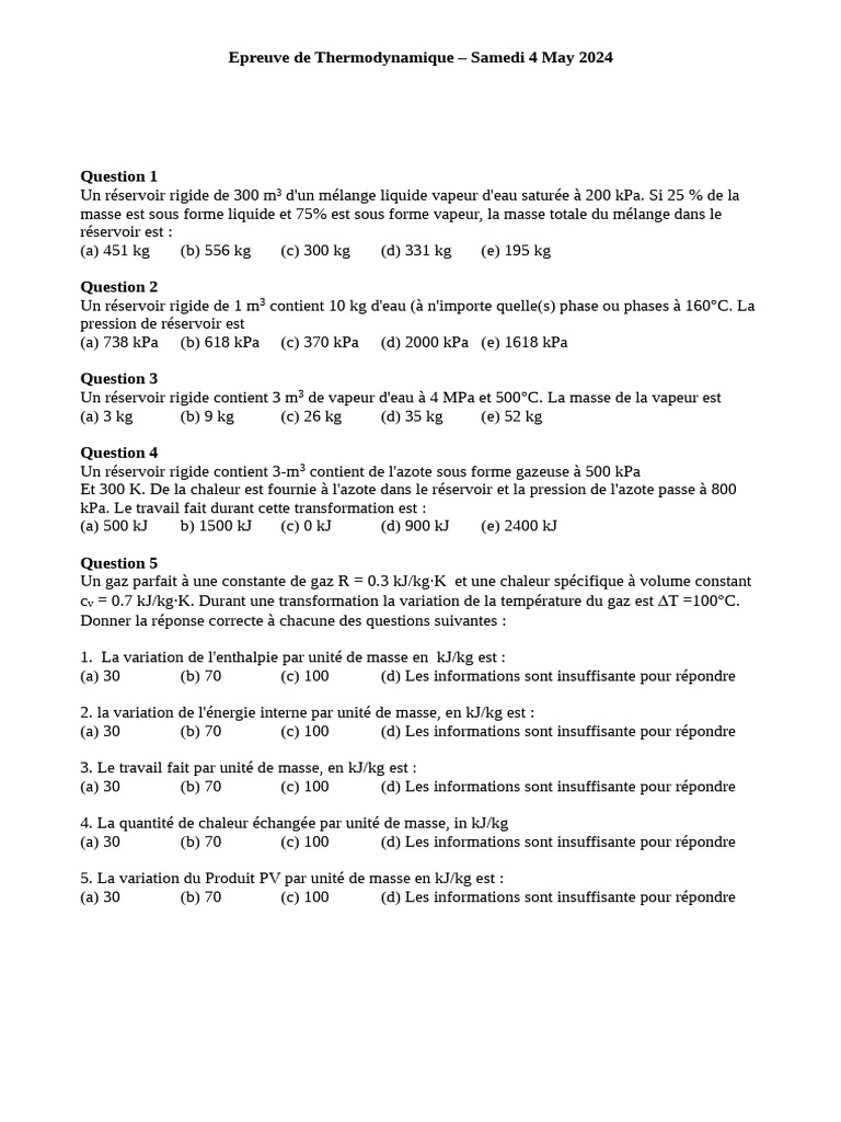 Épreuve de Thermodynamique 2024 : Questions et Réponses | PDF | Chaleur ...