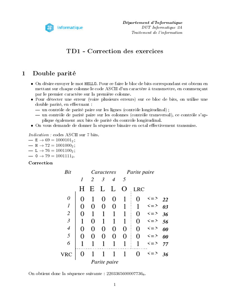 Correction TD1 : Double parité et Hamming | PDF | Détection et ...