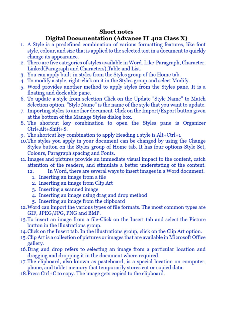 Short Notes-Digital Document | PDF | Table Of Contents | Microsoft Word