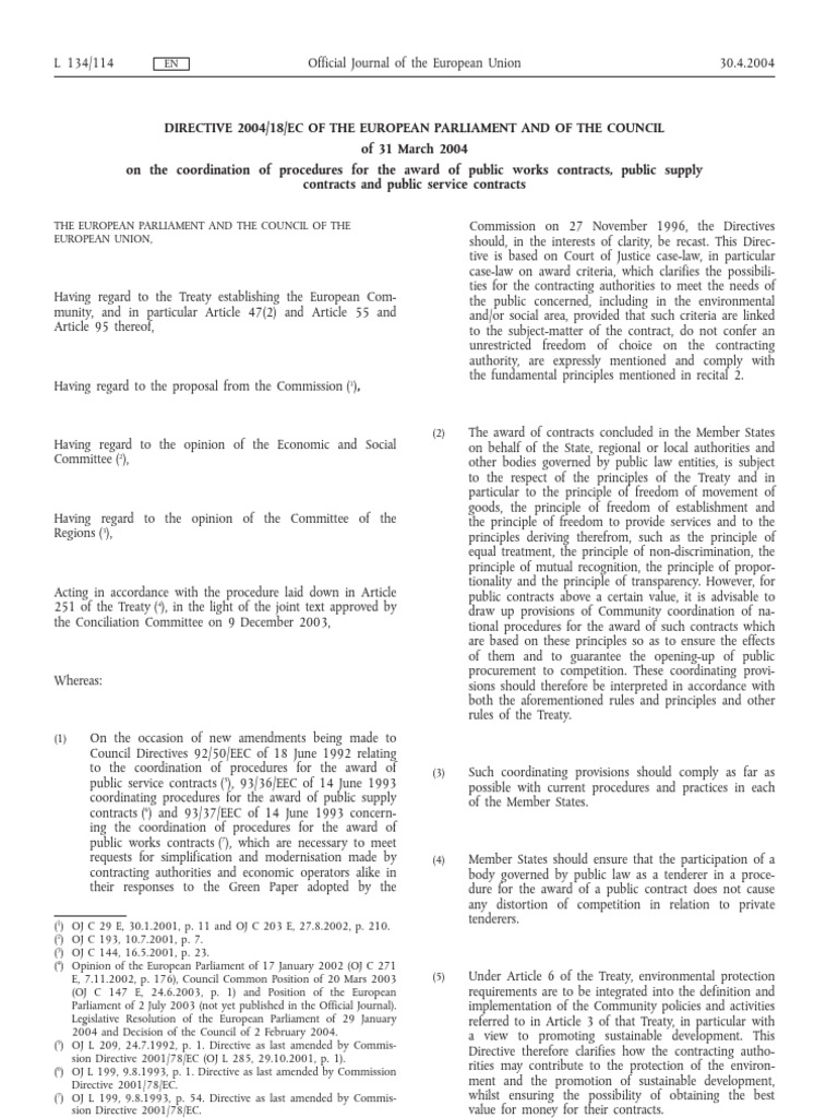 Public Procurement Directive 2004/18/EC | PDF | European Economic ...