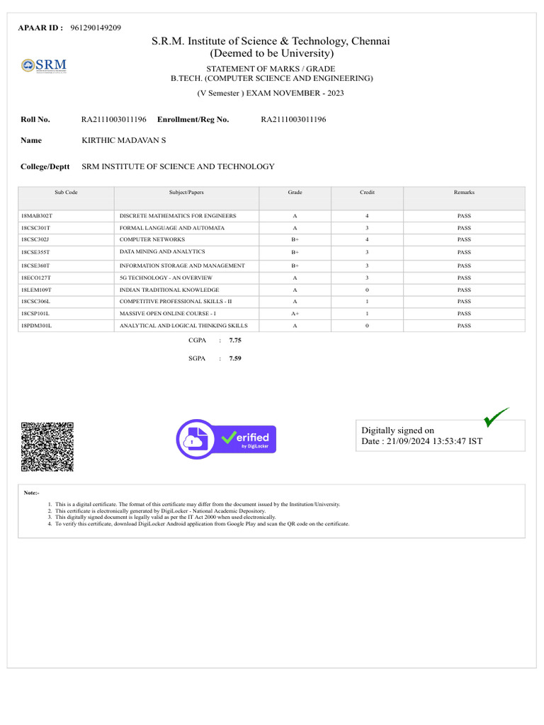 SRM Institute B.Tech Marks Statement | PDF | Computing
