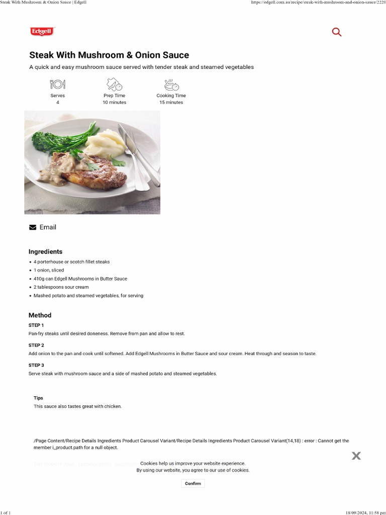 Steak With Mushroom & Onion Sauce | PDF
