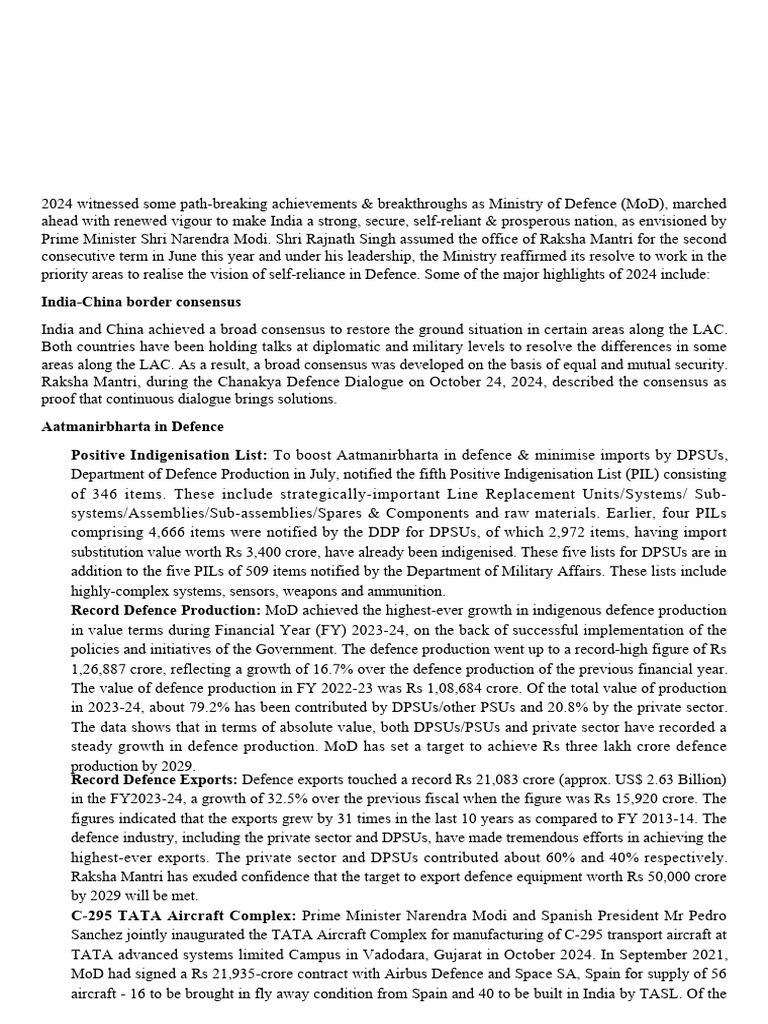 MoD Year-End Review 2024 Highlights | PDF | Government Of India