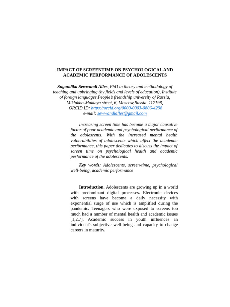 Screen Time's Impact on Adolescents | PDF | Social Media | Popular ... - Screen Time Impact On Mental Performance