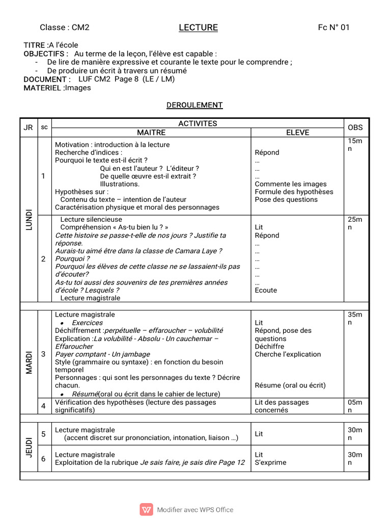 Lecture CM2 : Compréhension et Résumé | PDF