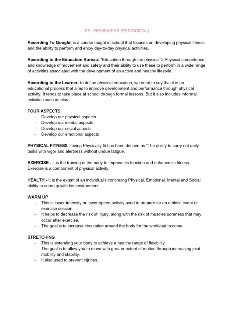 Pe - Periodcal Reviewers | PDF | Mental Health | Physical Fitness