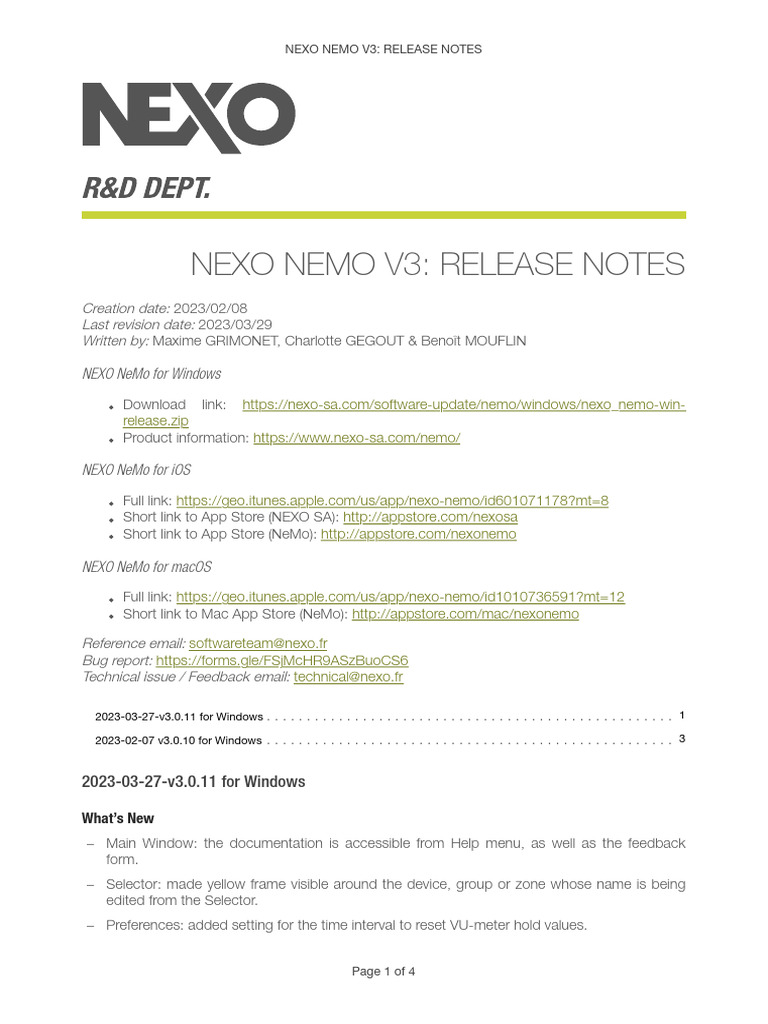 NEXO NeMo V3 Release Notes | PDF | Ios | Mac Os
