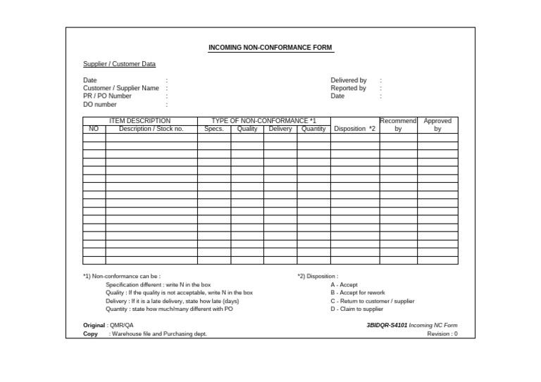 Incoming Non-Conformance Report Form | PDF