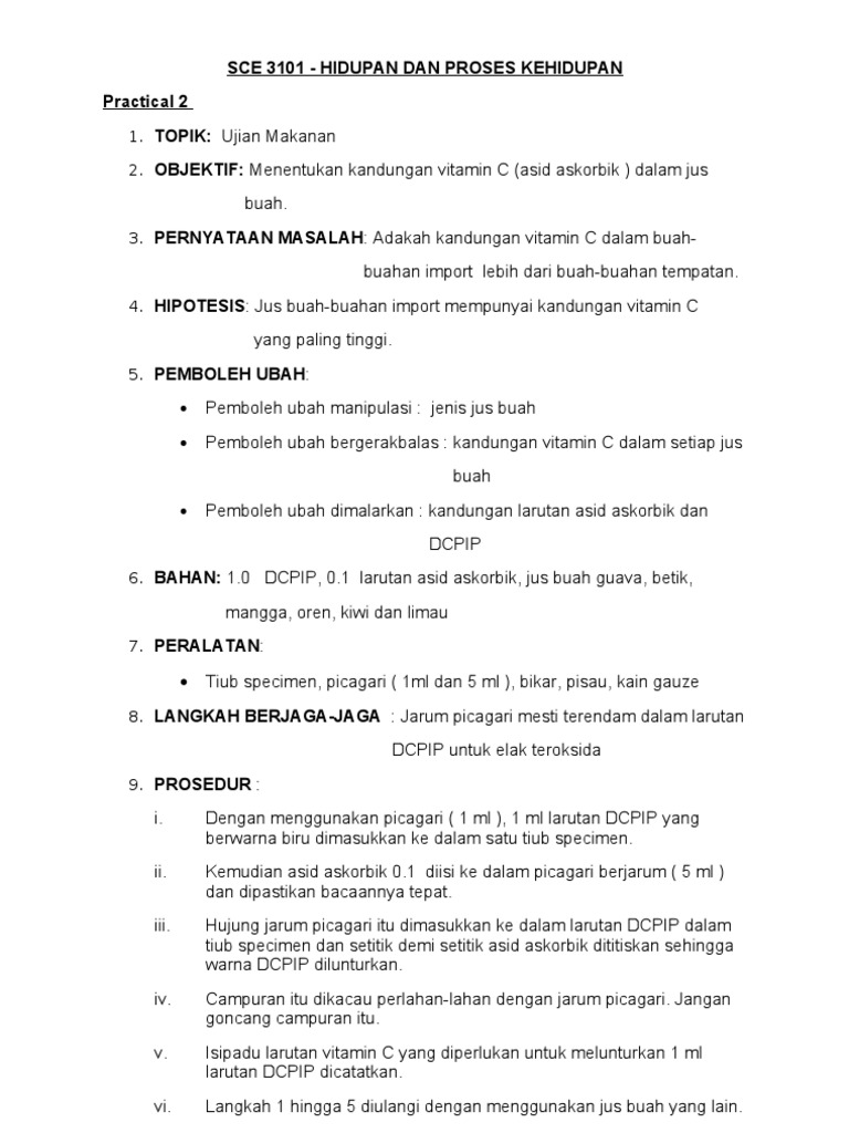 Eksperimen Vitamin C Biologi Tingkatan 4
