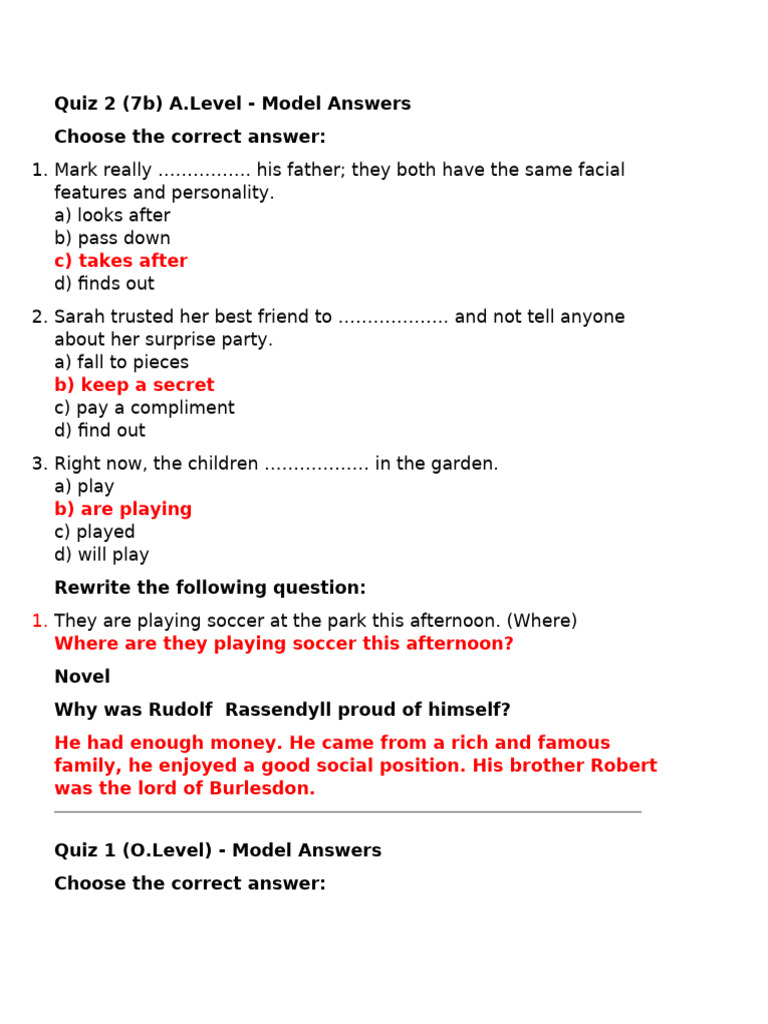 A-Level & O-Level Quiz Model Answers | PDF