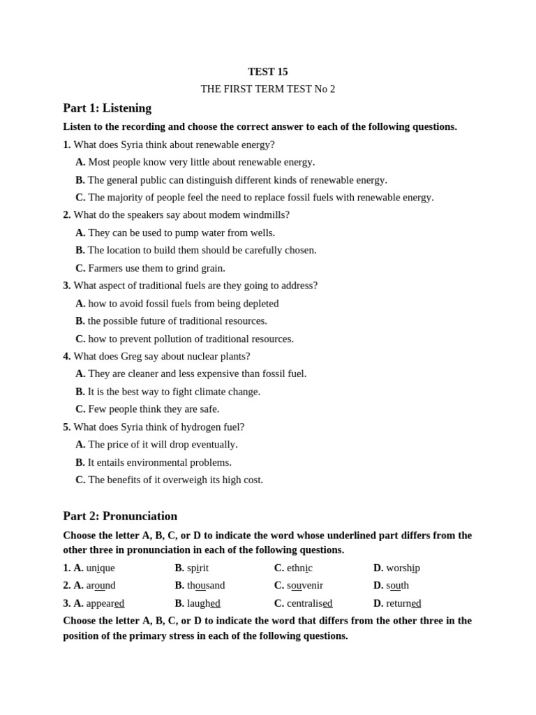 Listening and Vocabulary Test 15 | PDF | Fuels | Renewable Energy