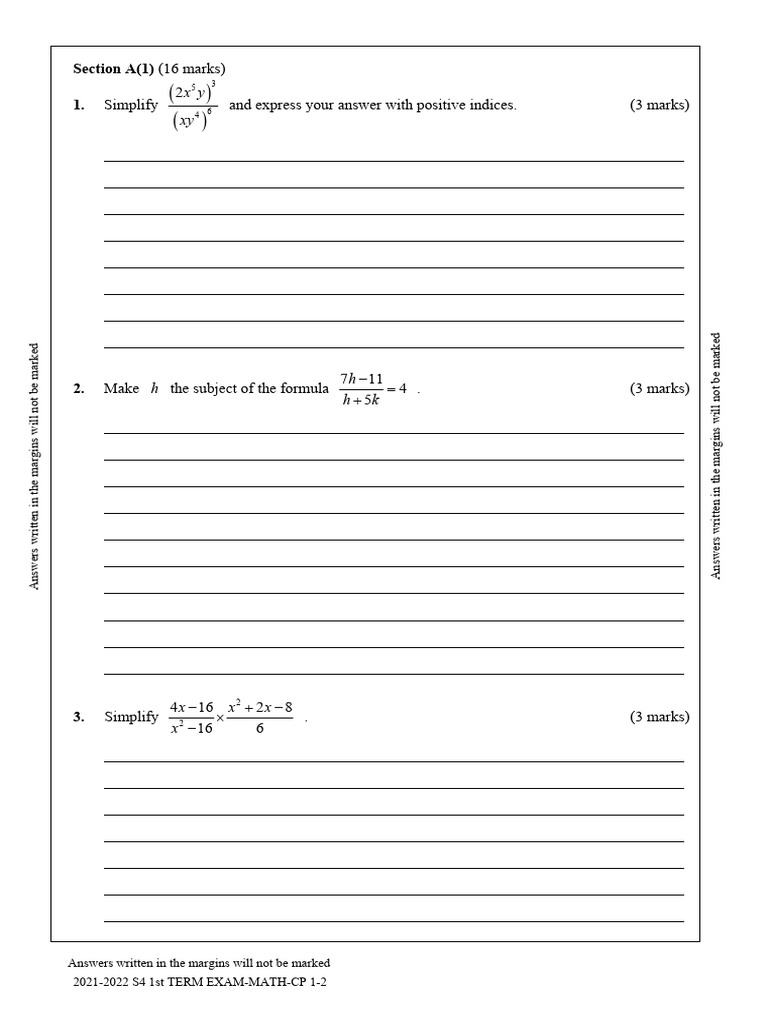 2021-2022 S4 Math Exam Questions | PDF | Quadratic Equation | Line ...