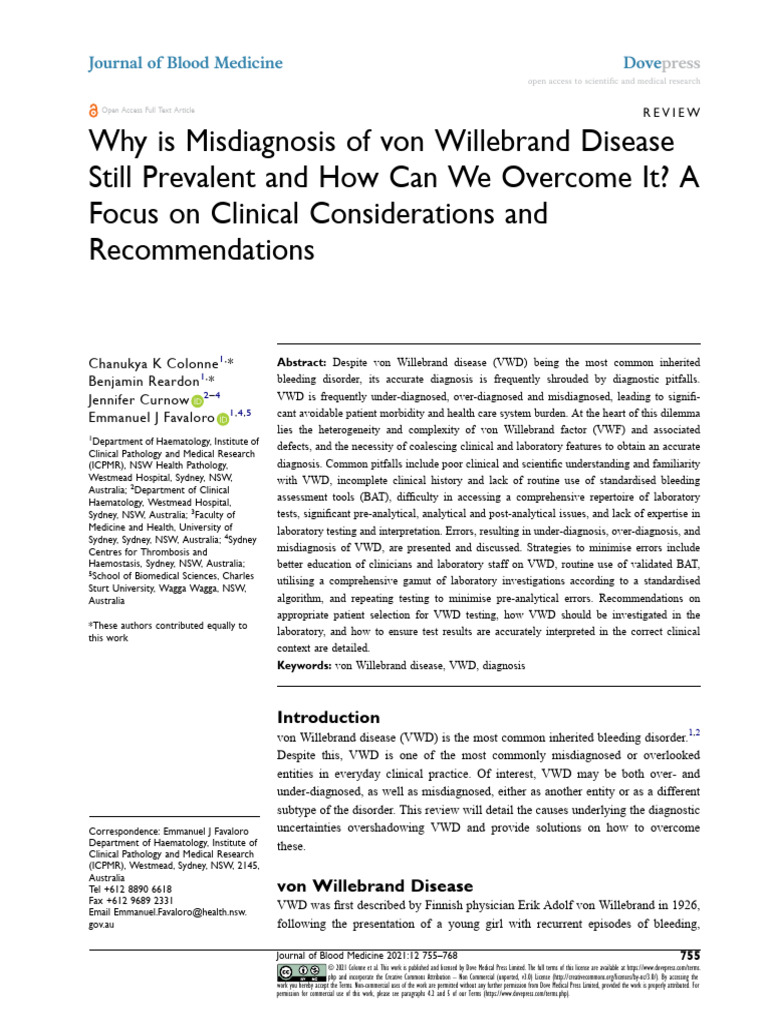 Why Is Misdiagnosis of Von Willebrand Disease Stil | PDF | Coagulation ...