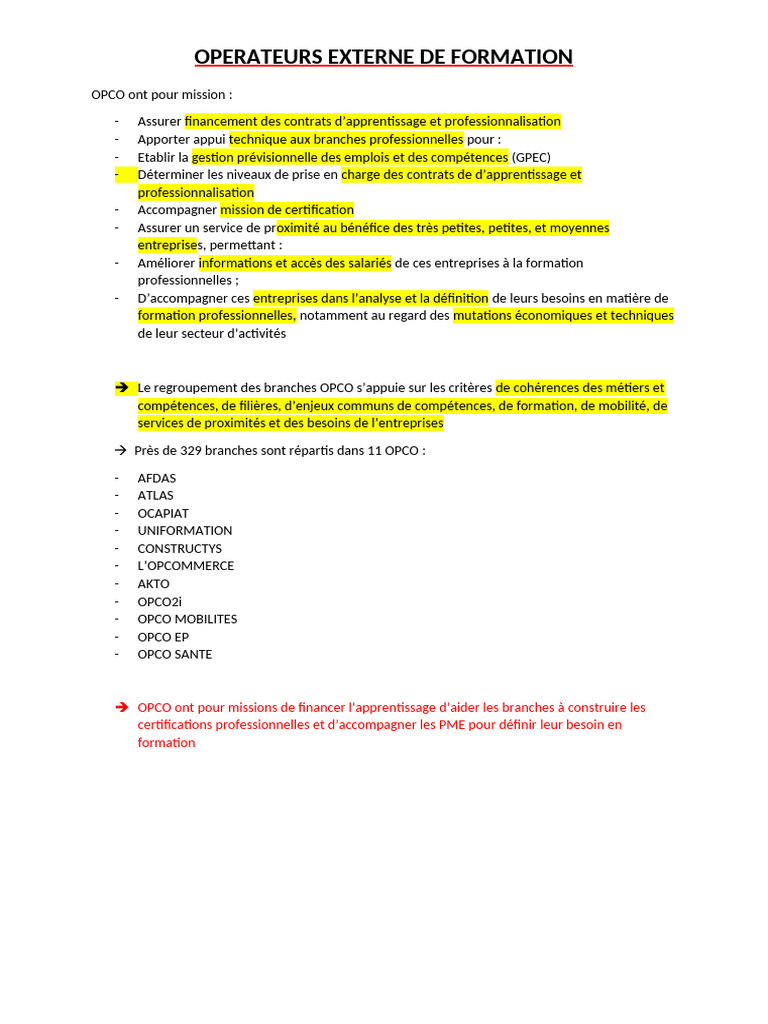 Missions des OPCO en formation professionnelle | PDF