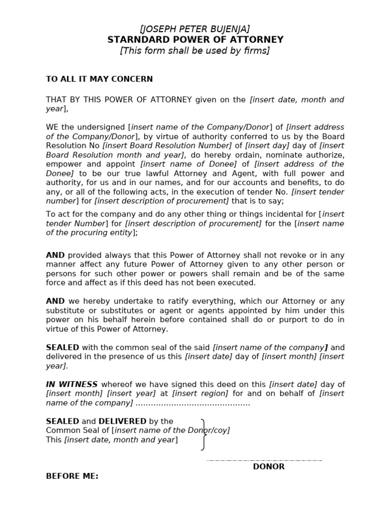 Standard Power of Attorney Template | PDF | Power Of Attorney | Common Law