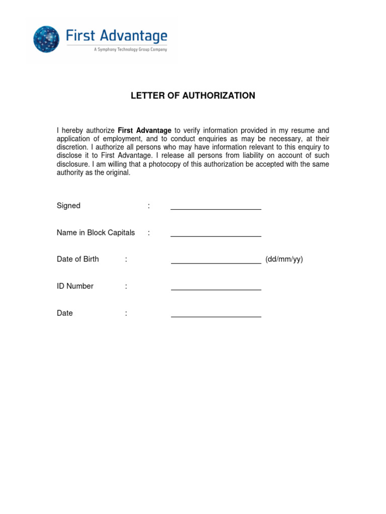 First Advantage Authorization Letter | PDF