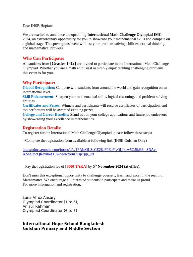 IMC 2024 Math Olympiad Announcement | PDF