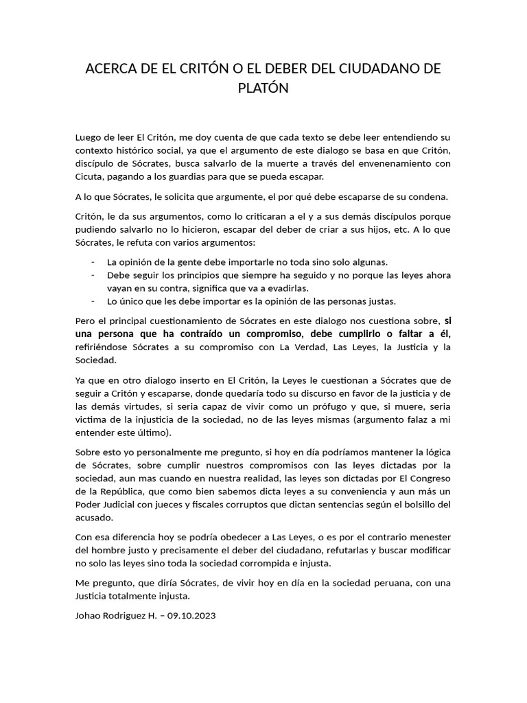 Acerca de El Critón o El Deber Del Ciudadano de Platón | PDF
