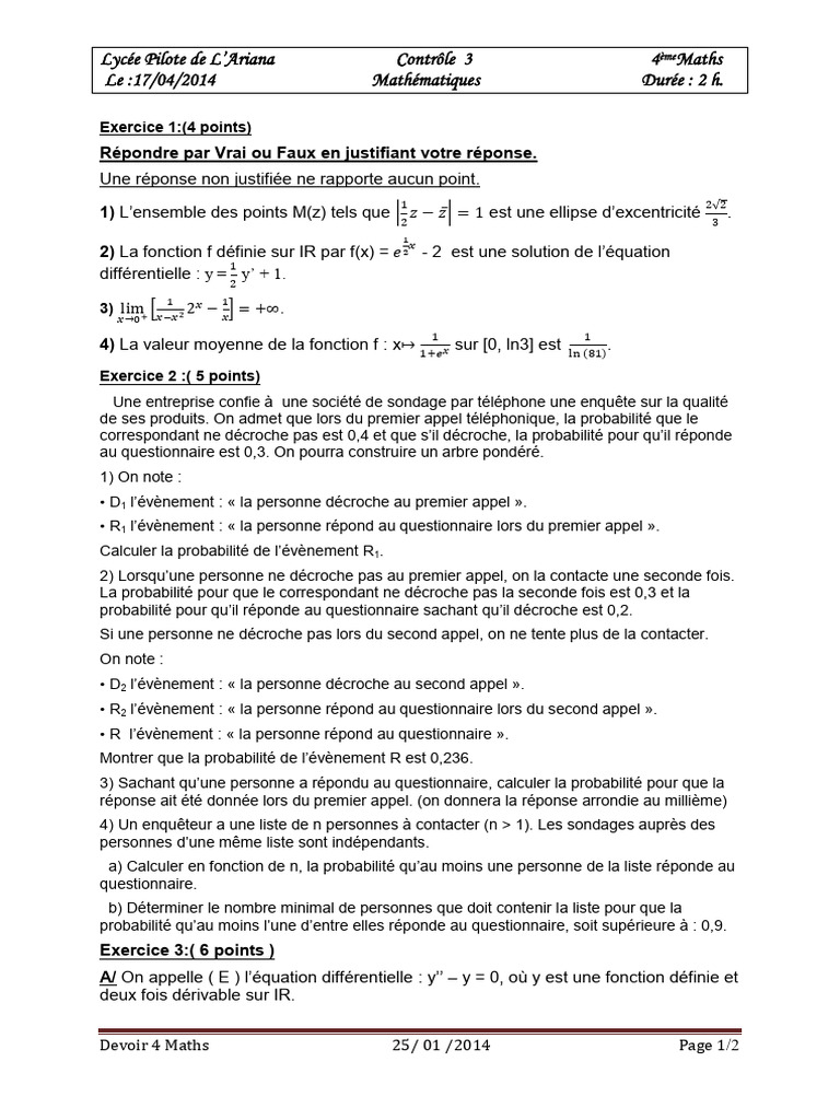 Contrôle de Maths 4ème : Exercices et Probabilités | PDF | Fonction ...