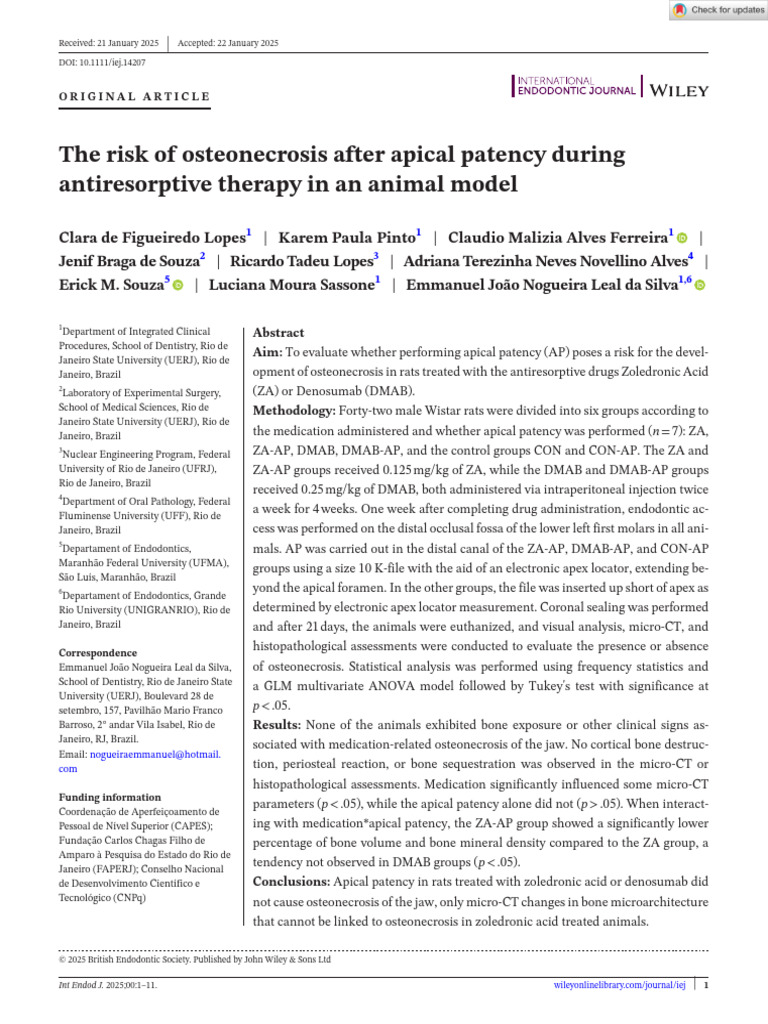 The Risk of Osteonecrosis After Apical Patency During Antiresorptive ...