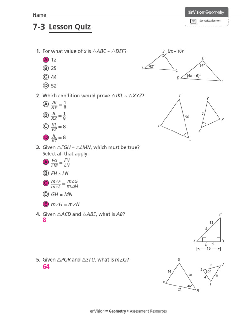 7-3 - Lesson Quiz - Answer Key | PDF