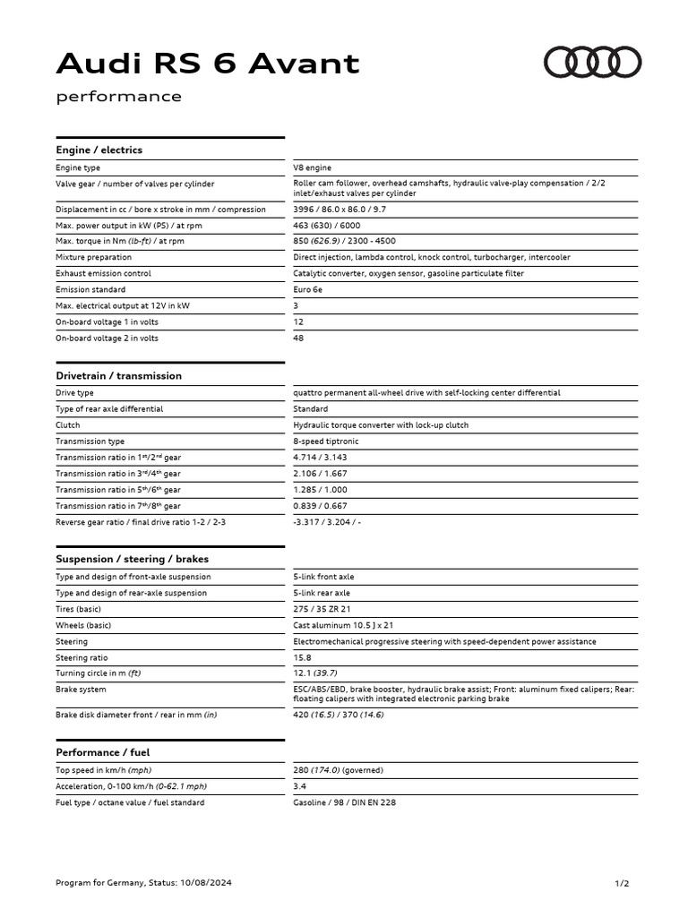 ETD Audi RS6 Avant Performance TFSI 463kW 241008 | PDF | Automotive ...