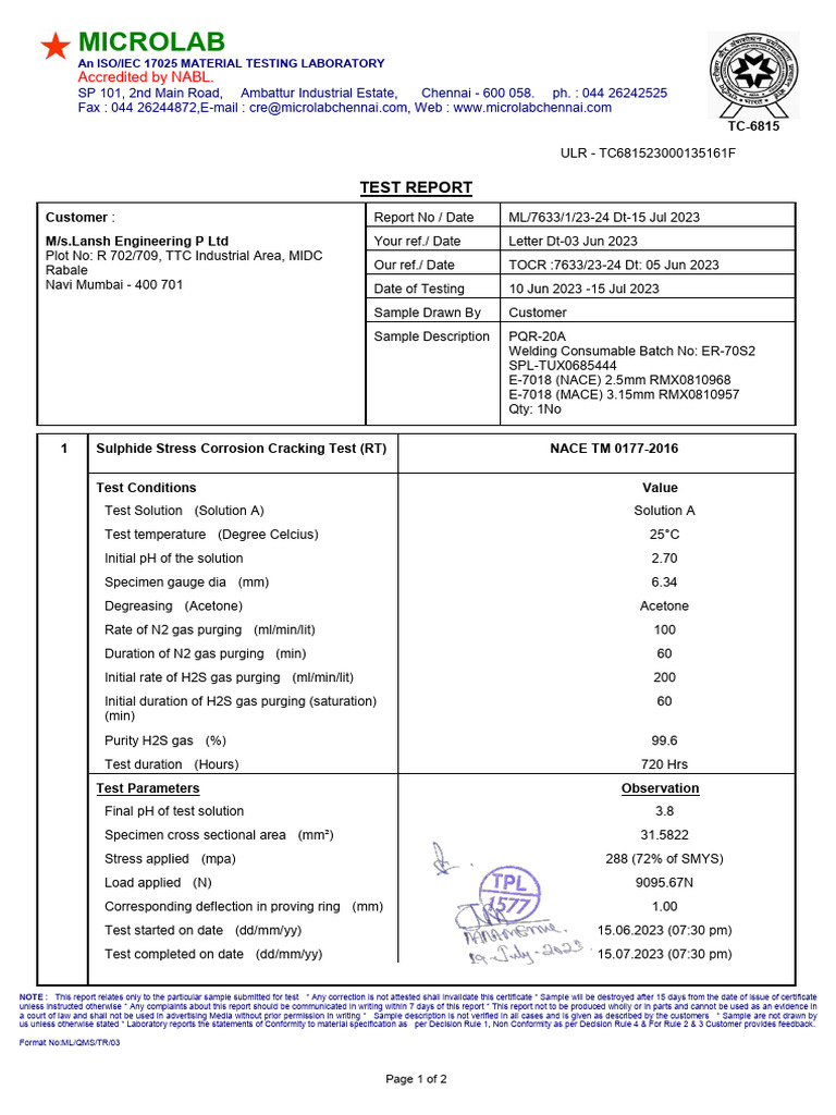 Lansh Engineering Test Reports Summary | PDF | Fracture | Applied And ...