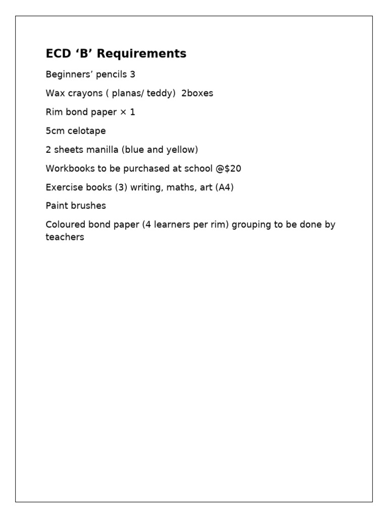 ECD 'B' Supply List and Requirements | PDF