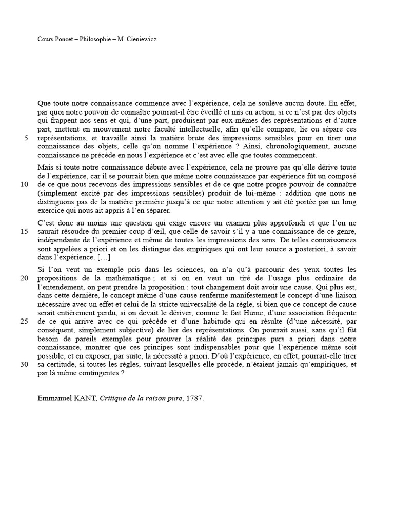 Connaissance a priori et expérience selon Kant | PDF | A priori et a ...