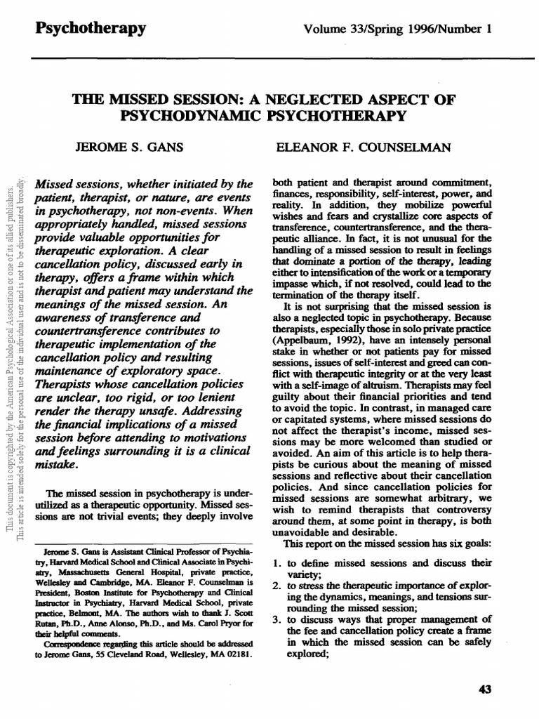 Psychotherapy: The Missed Session: A Neglected Aspect of Psychodynamic ...
