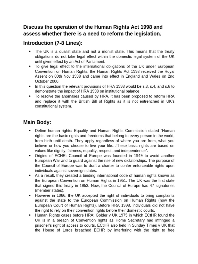 Human Rights Act 1998: Need for Reform | PDF | European Convention On ...