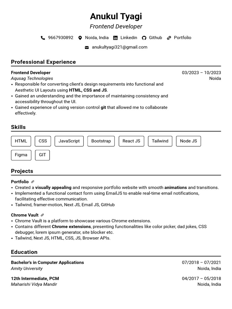 Anukul Tyagi: Frontend Developer Profile | PDF